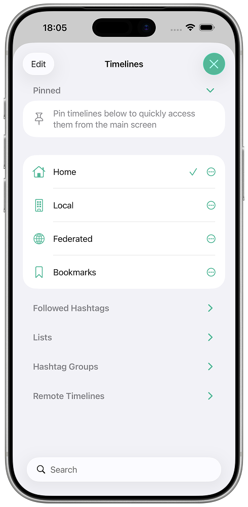 Timeline selection for home, local, federated feeds, and lists